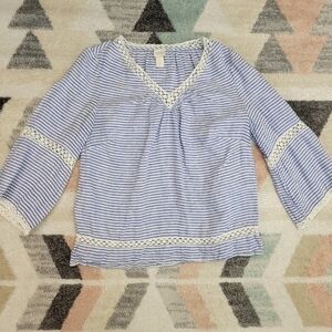CHICOS Blue White Stripe Linen Blouse Top Size Small